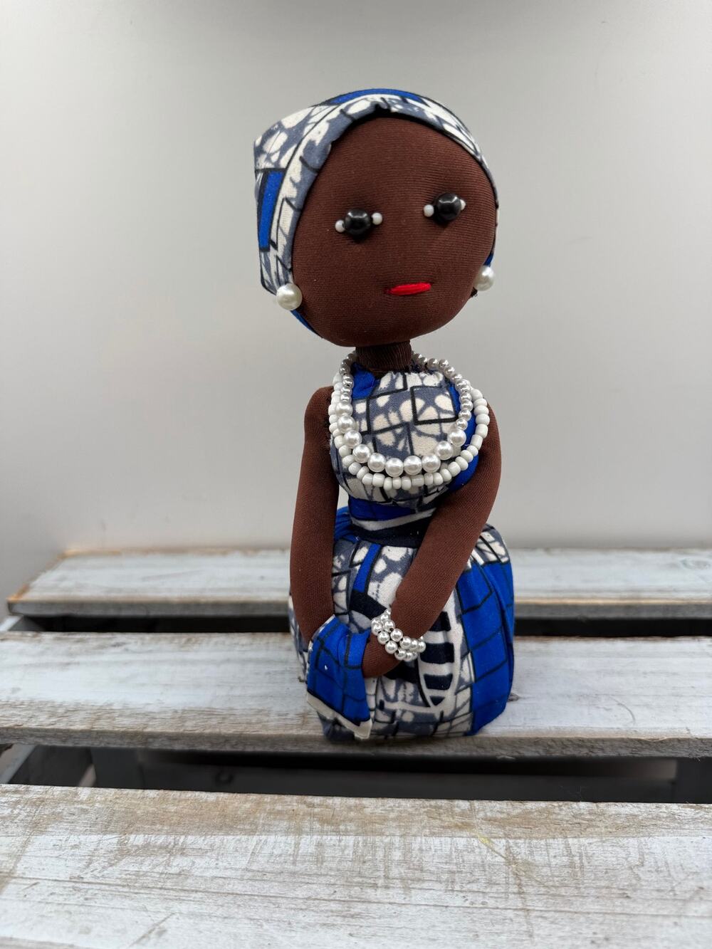 Handmade African Cloth Folk Art Doll-Blue Batik Dress-Headwrap-Pearl Beads -8.5"